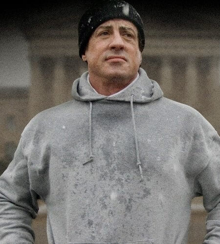 Robin Denim | Sylvester Stallone as Rocky Balboa wearing an iconic grey hoodie on the steps of 